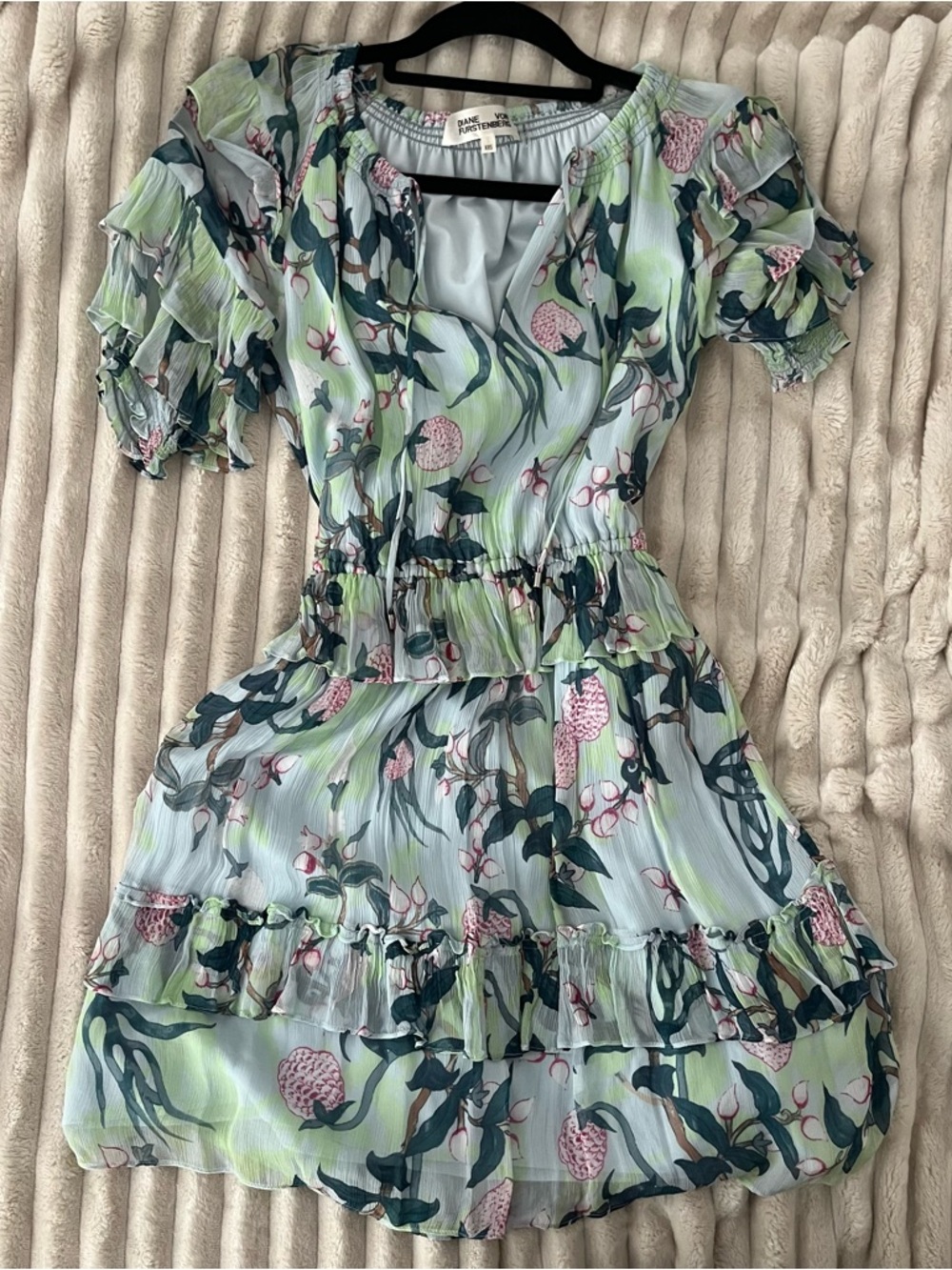 Diane von Furstenberg Floral Pleated Ruffle Dress - Pastel Blue & Green